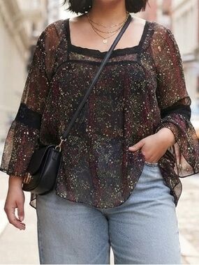 Ulla Popken Black Floral Chiffon Sheet Boho Blouse 28/30 Witchy Whimsygoth